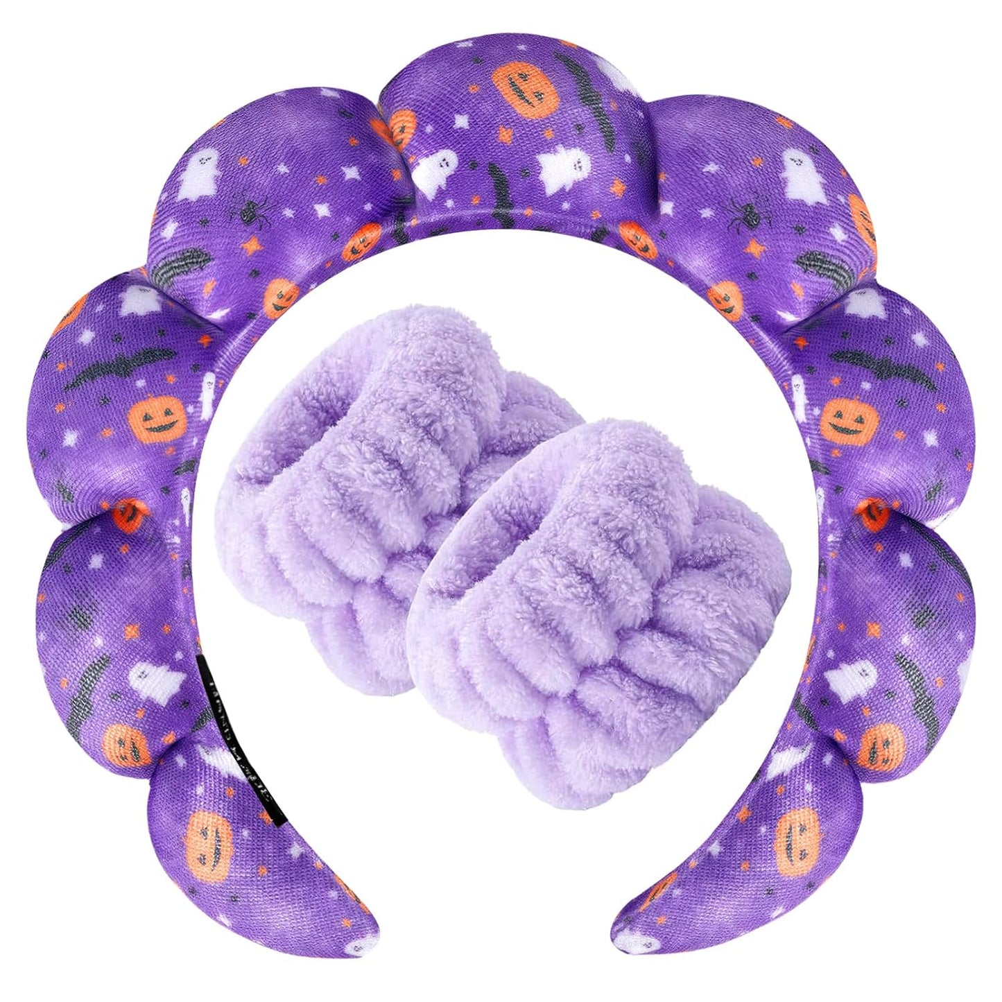 Zkptops Spa Headband for Washing Face Wristband Set Sponge Makeup Skincare Velvet Fabric Bubble Get Ready Hairband Puffy Headwear Non Slip Thick Thin Hair Accessory Gift for Women Girls(Halloween)