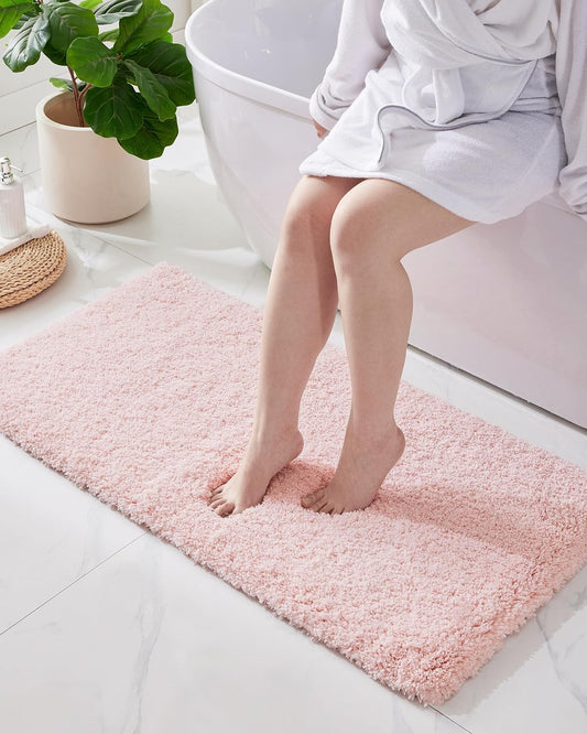 ILANGO Pink Bathroom Rugs 48" × 24" Non Slip & Super Absorbent Extra Thick Soft, Washable Bath Mat for Floor, Microfiber Plush Shaggy Bath Rug with Rubber for Bathtub Shower Room Sink