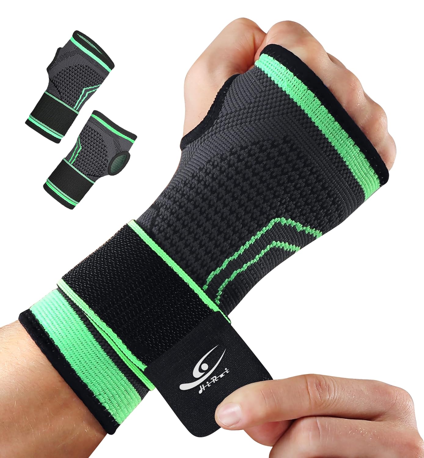 HiRui 2-Pack Wrist Brace Wrist Wraps, Hand Compression Sleeves with Wrist Straps Support for Fitness Weightlifting MTB Tendonitis Carpal Tunnel Arthritis Pain Relief (Green, Large)