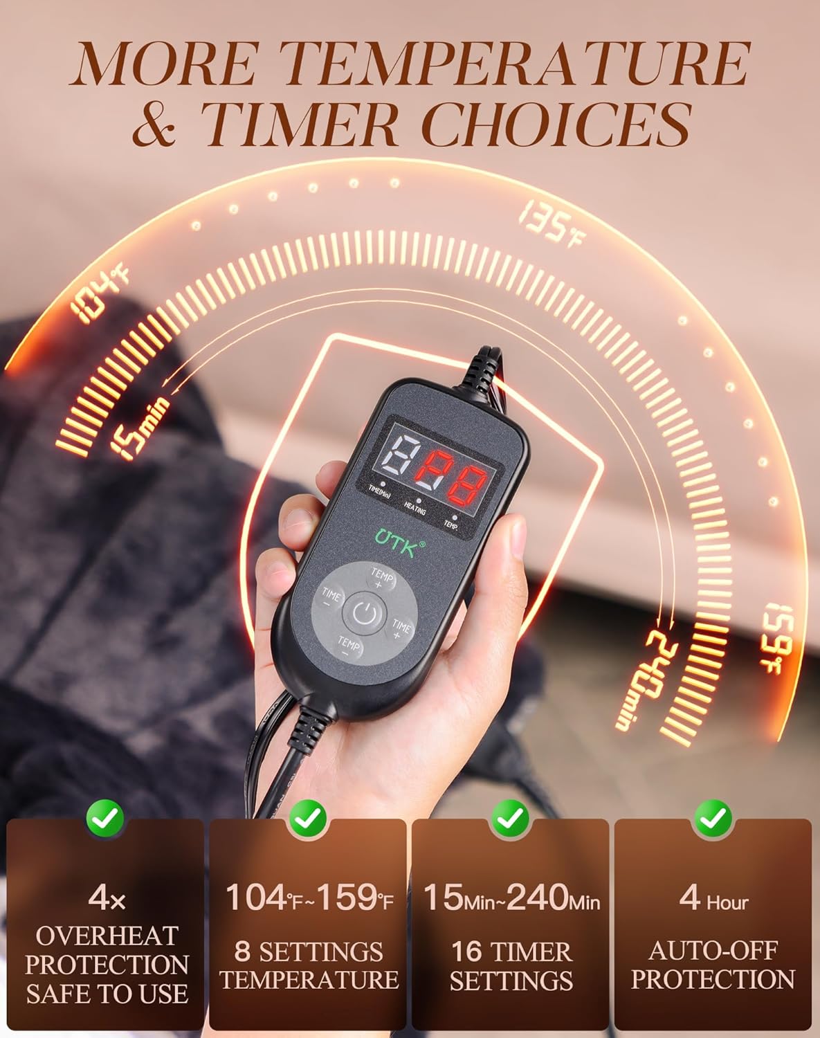 UTK 30s Fast Heating Pad for Neck Shoulder and Back, 6X Deeper Pain Relief Weighted Far Infrared Heating Pads, 8 Heat Options Max 159℉, 16 Auto Timer, 24"x20" Extra Large, Gifts for Women, Men (Grey)