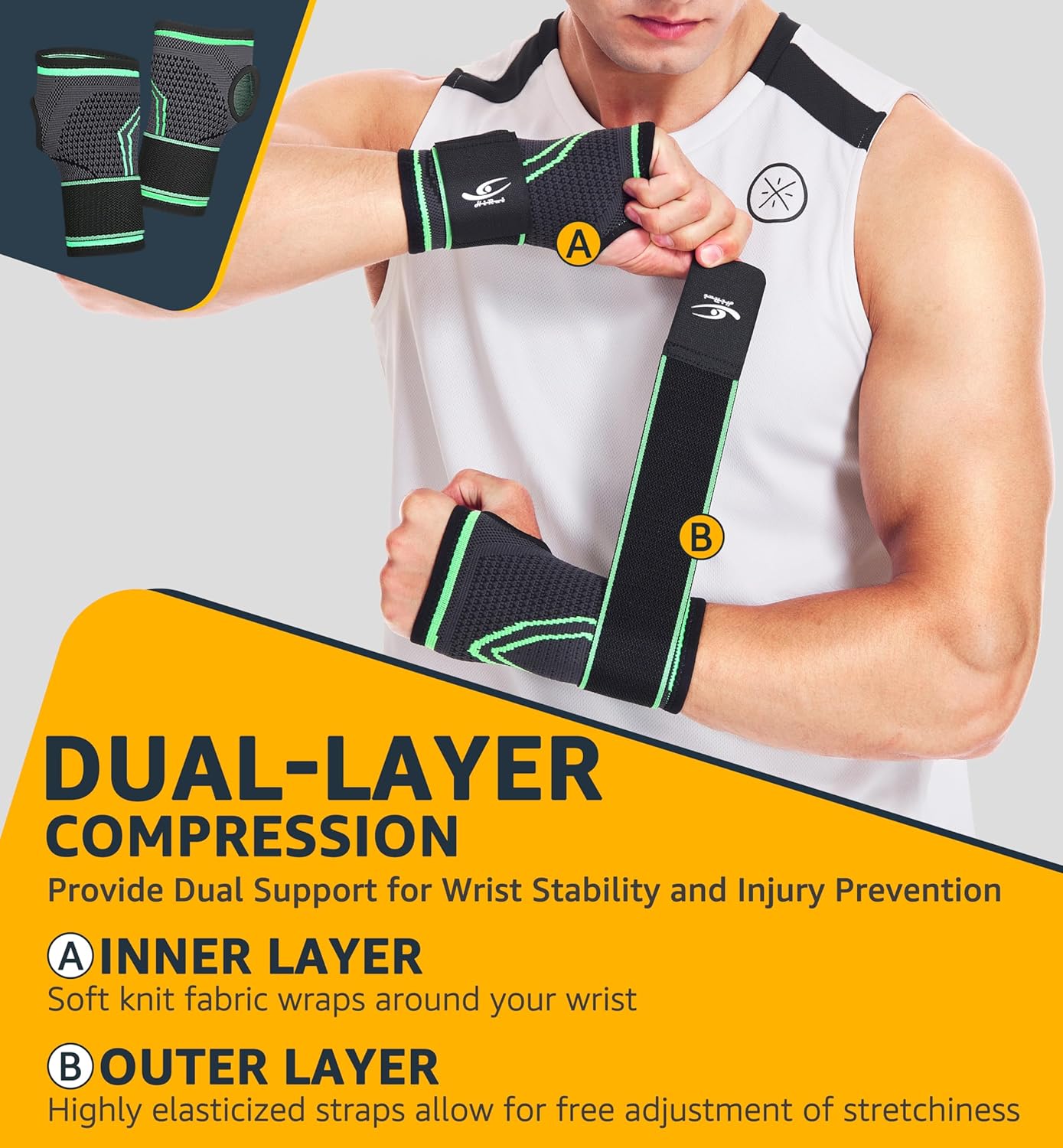 HiRui 2-Pack Wrist Brace Wrist Wraps, Hand Compression Sleeves with Wrist Straps Support for Fitness Weightlifting MTB Tendonitis Carpal Tunnel Arthritis Pain Relief (Green, Large)