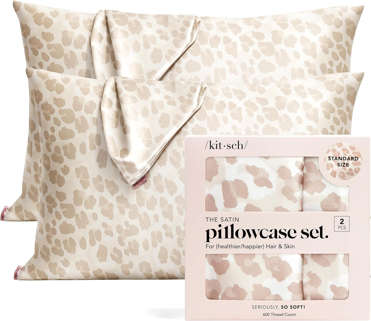 Kitsch Satin Pillowcase with Zipper for Hair & Skin, Softer Than Silk Pillow Cases Queen, Wrinkle-Free, Smooth and Cooling Satin Pillow Covers, Standard Size 19"x26", Leopard, 2pcs