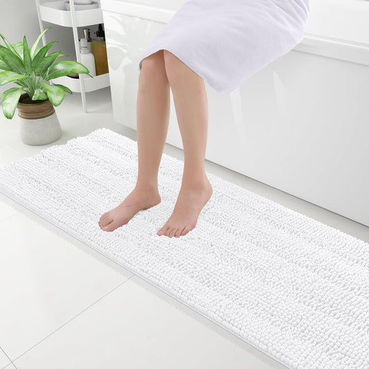 Grandaily Chenille Striped Bathroom Rugs 59x20, Extra Thick and Absorbent Bath Mats, Non-Slip Soft Plush Shaggy Shower Carpet, Machine Wash Dry, Bath Rug for Bathroom, White
