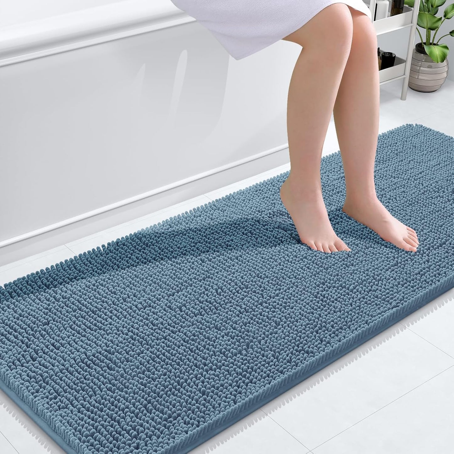 OLANLY Bathroom Rugs 59x20, Extra Soft Absorbent Chenille Bath Rugs, Rubber Backing Quick Dry, Machine Washable Bath Mats for Bathroom Floor, Tub and Shower, Home Decor Accessories, Airy Blue