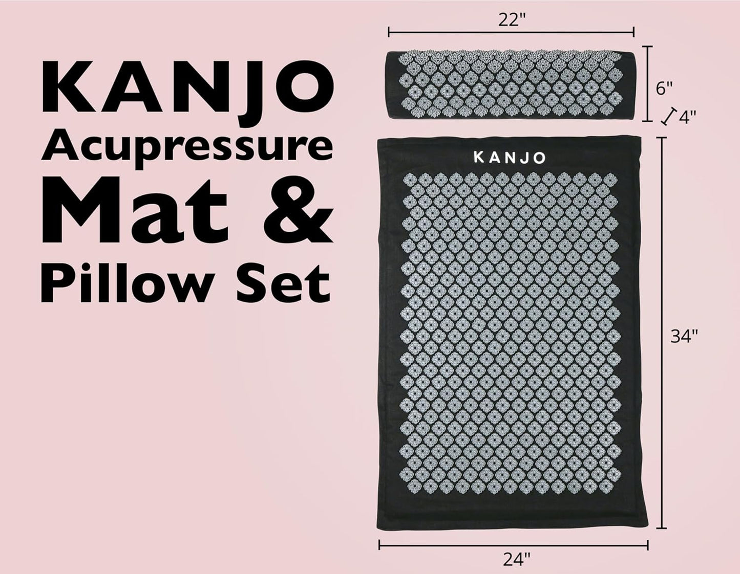 Kanjo Acupressure Mat and Pillow Set for Back Pain Relief & Neck Pain Relief, with Pressure Points for Muscle Pain Relief with Travel Bag - Black XL