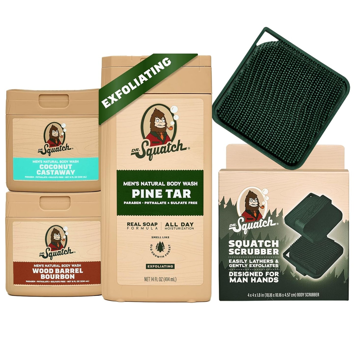 Dr. Squatch NEW Body Wash for Men with Nourishing, Natural Ingredients | No Paraben, Phthalate, Sulfate | Pine Tar (14 oz), Coconut Castaway & Wood Barrel Bourbon (8 oz, 2-Pack) & Body Scrubber