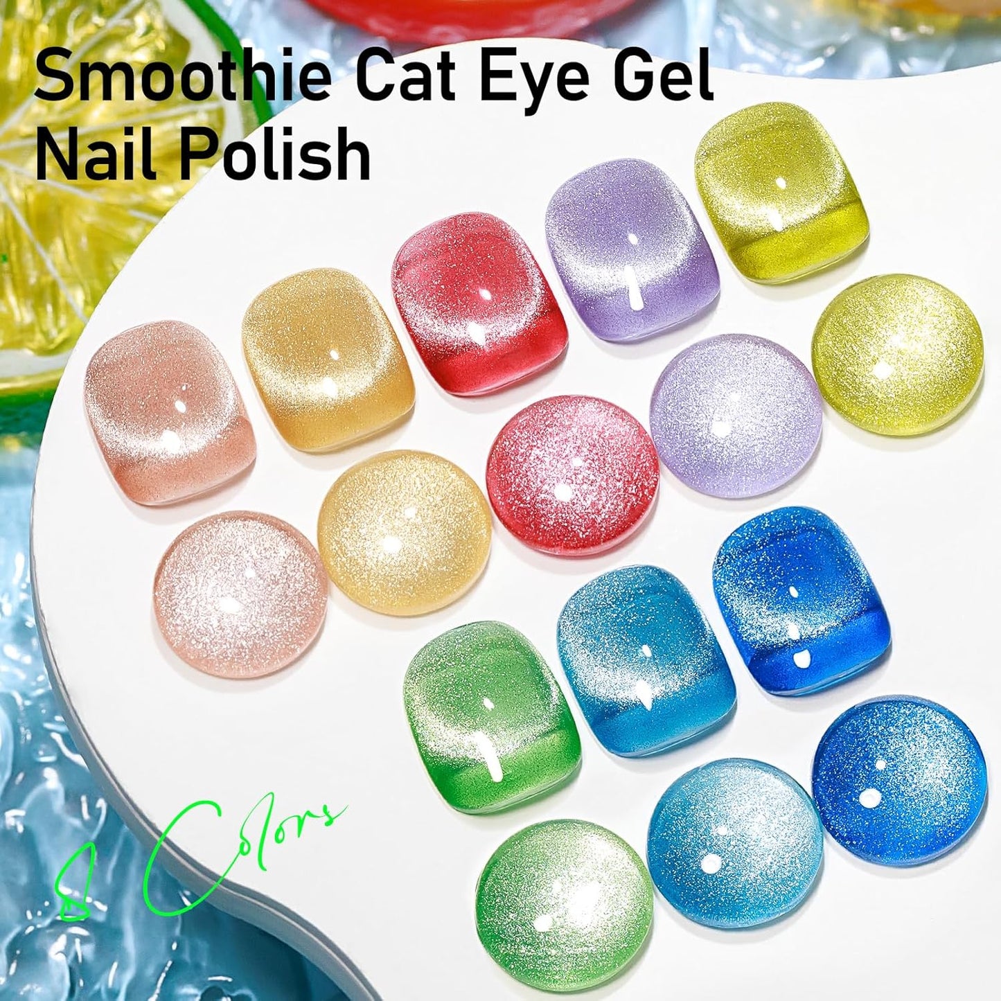 MIZHSE Cat Eye Gel Nail Polish: 8 Colors Summer Magnetic Gel Polish Kit with Magnet Stick, Shimmery Glitter Neon Colors Green Yellow Blue Soak Off Nail Art Salon Home Manicure Women Gift