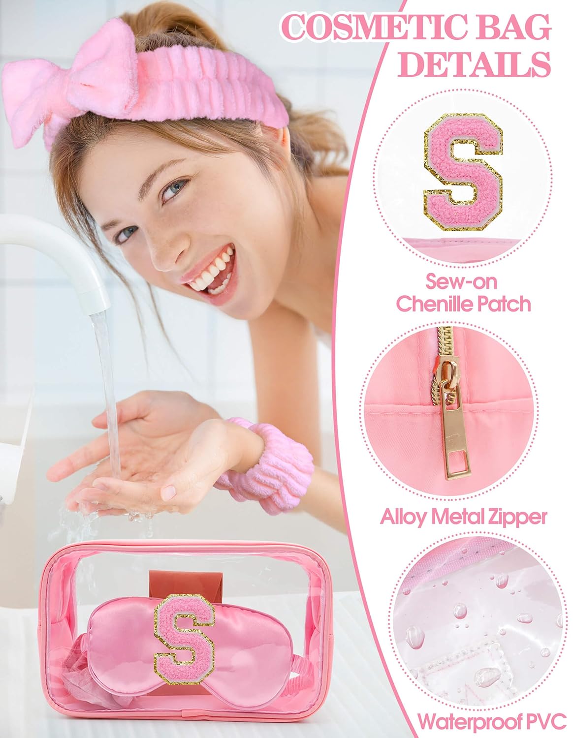 Gift Sets for Women, Initial Makeup Bag with Makeup Brush Set Bachelorette Party Favors, Pink Spa Kit with Skincare Headbands Wrist Bands Sleepover Party Supplies Gifts for Teen Girls Bridesmaid S