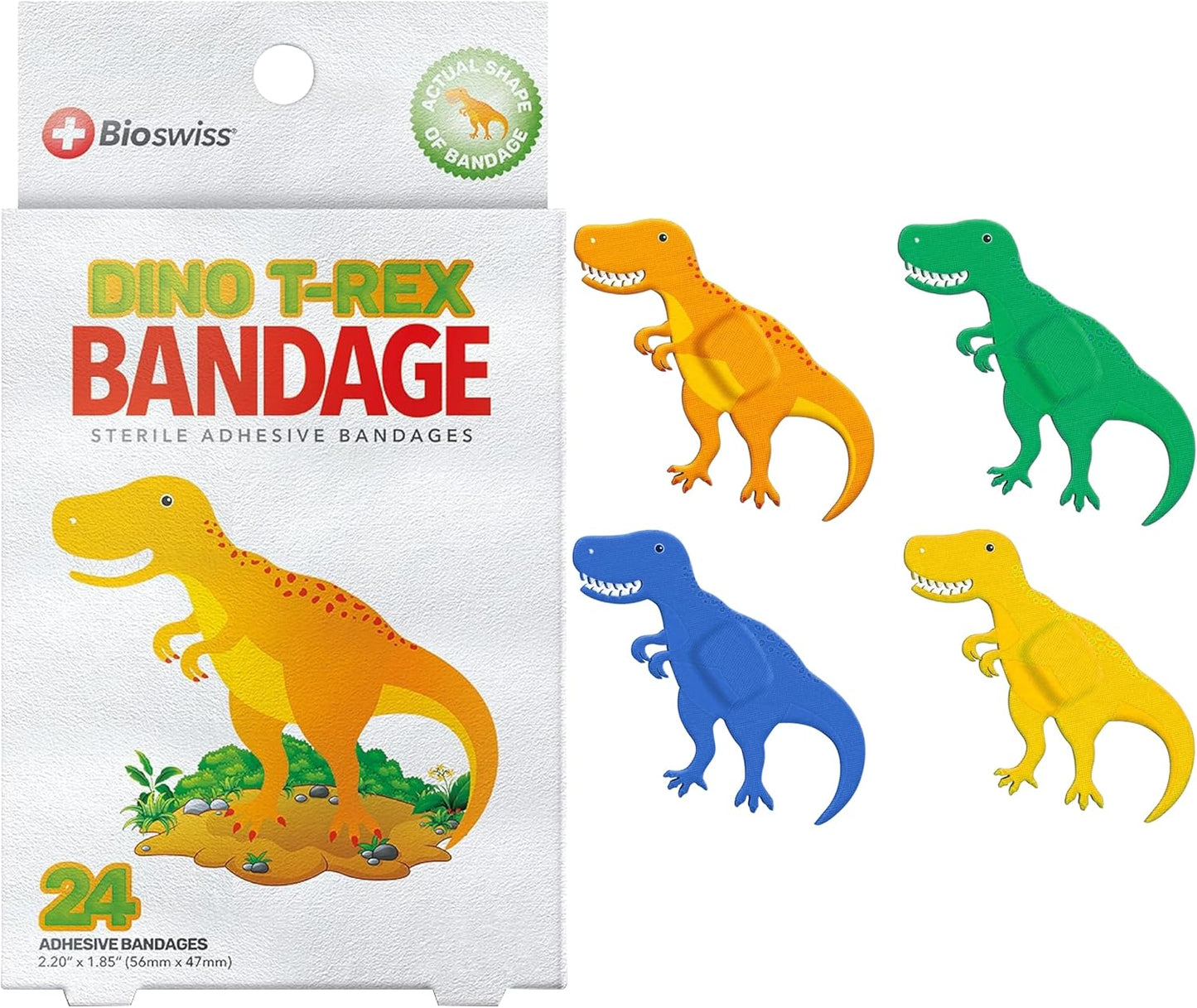 BioSwiss Kids Bandages, Dinosaur Shaped Self Adhesive Bandage Set, Latex Free, Sterile Wound Care, 24 Count
