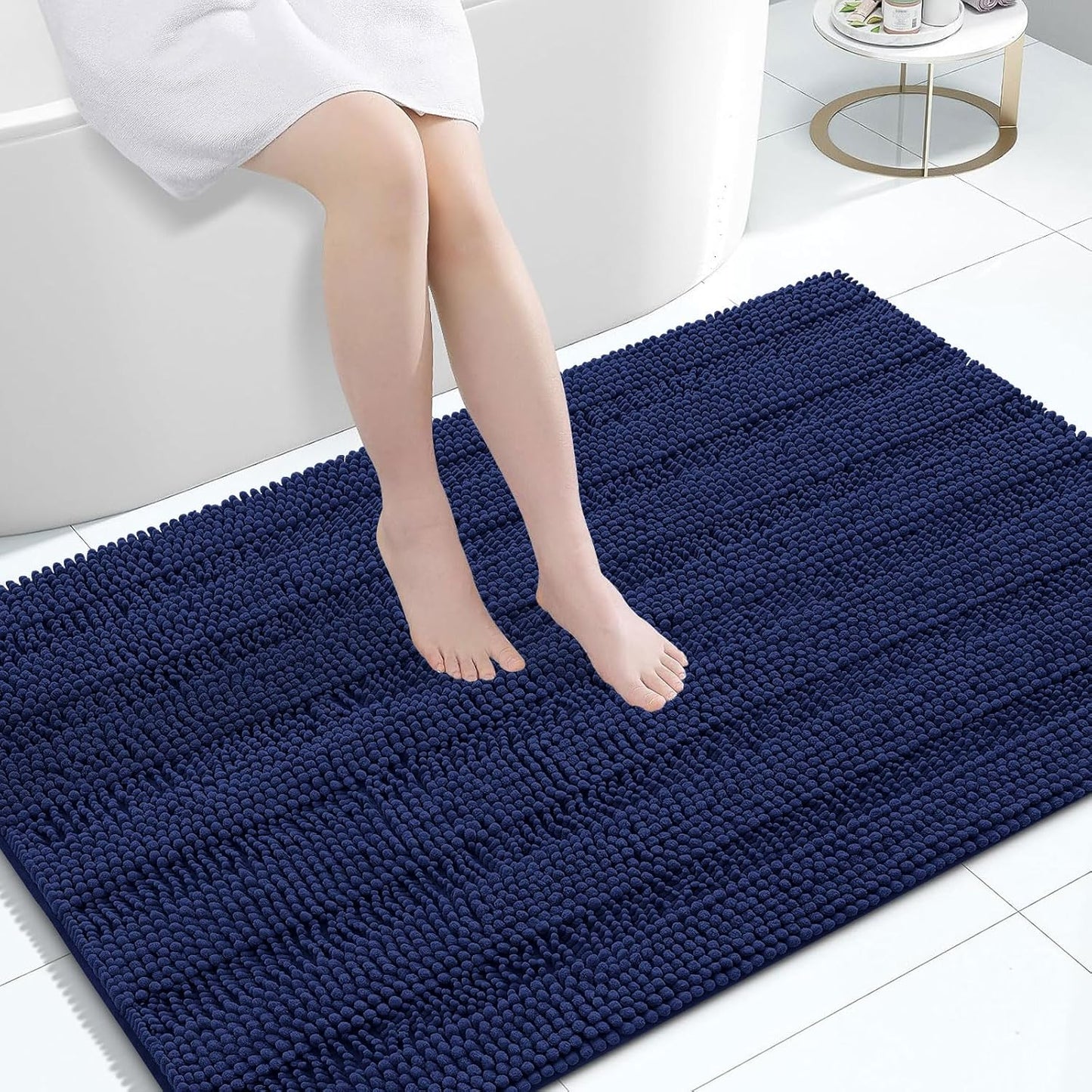 Grandaily Chenille Striped Bathroom Rugs 47x32, Extra Thick and Absorbent Bath Mats, Non-Slip Soft Plush Shaggy Shower Carpet, Machine Wash Dry, Bath Rug for Bathroom, Navy