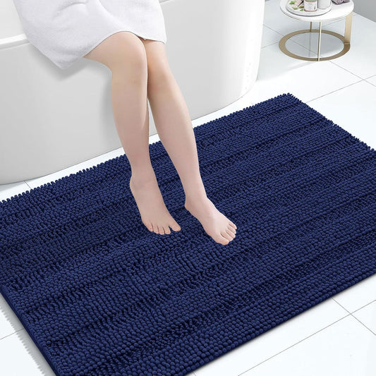 Grandaily Chenille Striped Bathroom Rugs 47x32, Extra Thick and Absorbent Bath Mats, Non-Slip Soft Plush Shaggy Shower Carpet, Machine Wash Dry, Bath Rug for Bathroom, Navy