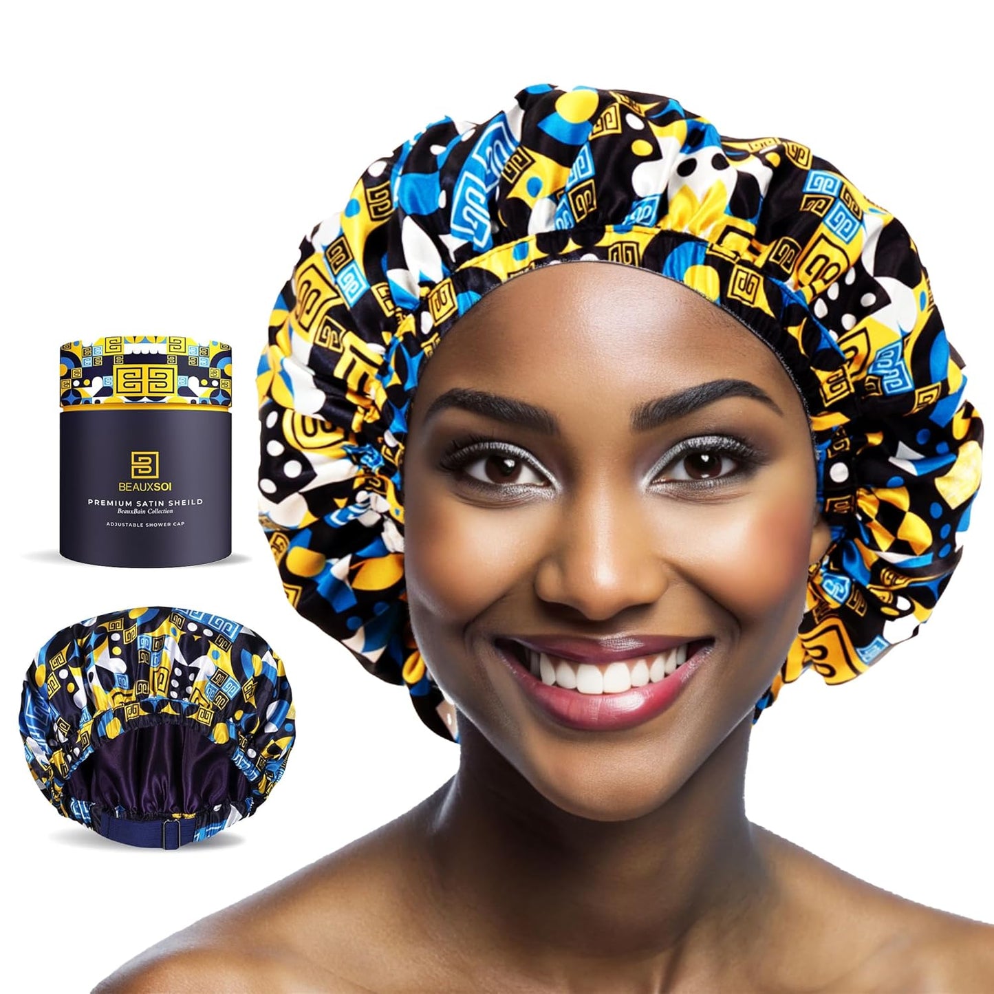 Luxury Reusable Waterproof Shower Cap for Women - Satin Lined, Adjustable - Keeps Hair Dry, Durable Hair Bonnet by BEAUXSOI (African Majesty)
