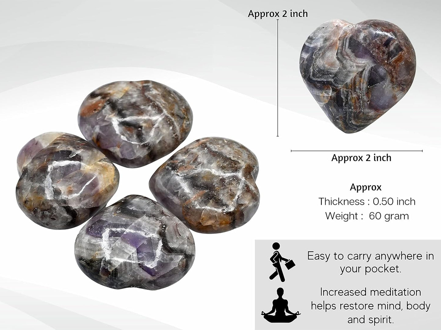 Amazing Gemstone Amethyst Chevron Crystal Heart Palm Stone - Pocket Massage Worry Stone for Natural Body Chakra Balancing, Reiki Healing and Crystal Grid