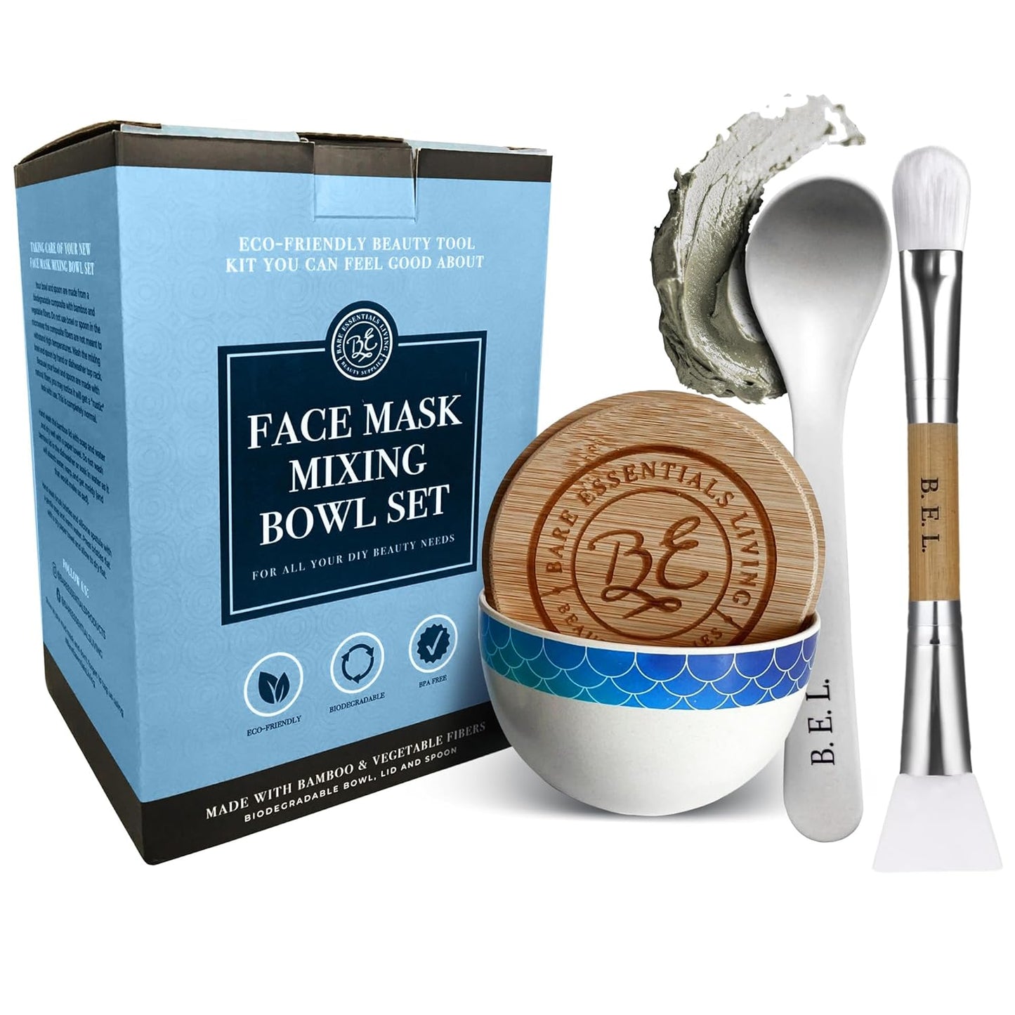 Bare Essentials Living - Clay Face Mask Mixing Bowl Set, Skin Care Kit Facial Bowls with Bamboo Lid, Face Mask Spoon, & Dual Sided Face Mask Brush Applicator for DIY Facial & Hair Clay Mask (Mermaid)
