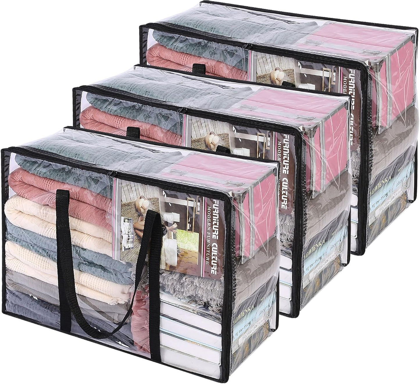 Vieshful 3 Pack Clear Clothes Storage Bag, 40L Plastic Blanket Storage Bag with Zipper, Foldable Closet Organizer, Moving bags for Comforter, Blanket, Bedding, Duvet, Toys