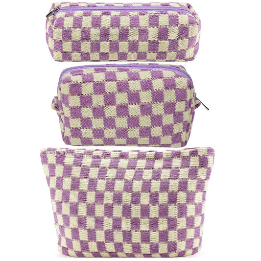 ZLFSRQ 3Pcs Checkered Makeup Bag for Women Large Small Checkered Cosmetic Bag Set Aesthetic Preppy Pencil Case Cute Pencil Pouch Purple Makeup Pouch for Purse Travel Toiletry Bags Zipper Skincare Bags