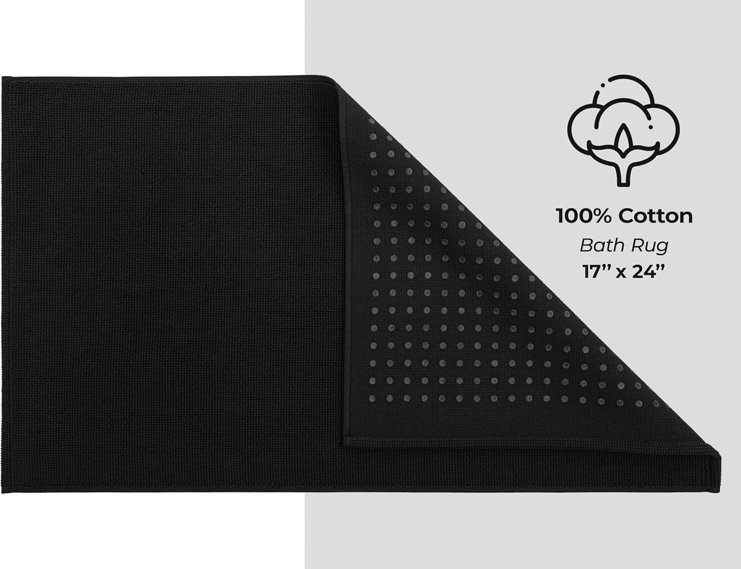 American Soft Linen Bath Rug, 17 in 24 in 100% Cotton Bath Mats Rugs for Bathroom, Slip Reducer Washable Shaggy Form Area Rugs, Black Bath Rug