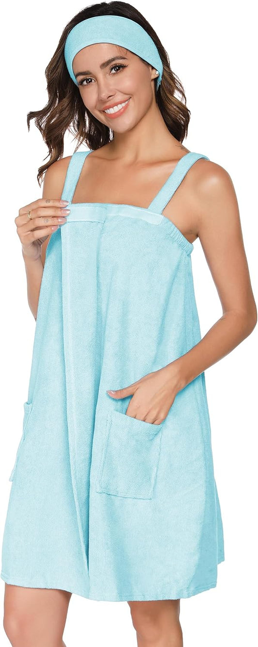 Veseacky Women Bath Wrap Towel for Womens Shower with Pocket Adjustable Spa Robe & Facial Headband