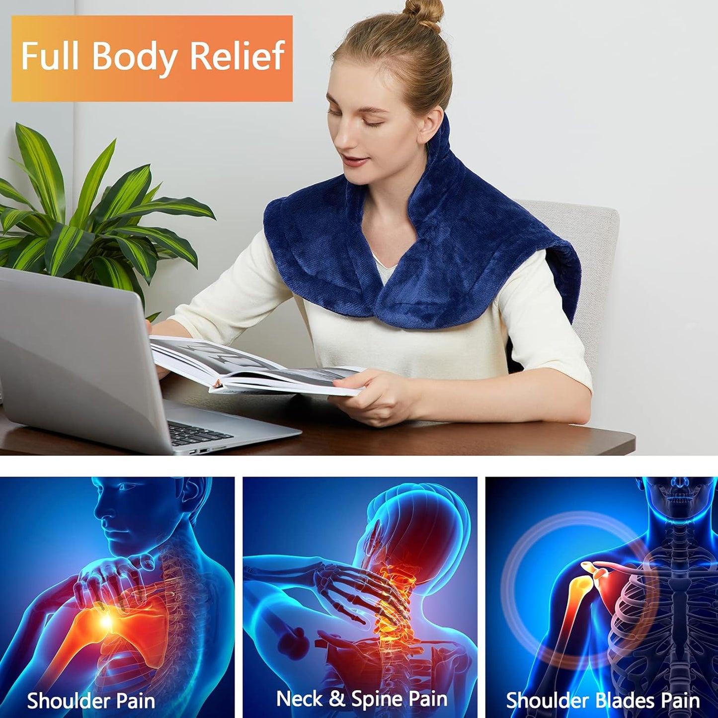 CAROMIO Heating Pad for Neck and Shoulders Back Pain Relief, Electric Weighted Heating Pads with Auto Shut Off Large, Full Body Back Heat Pad Fast Heating, 4 Temperature Settings (Navy Blue, 33"x22")