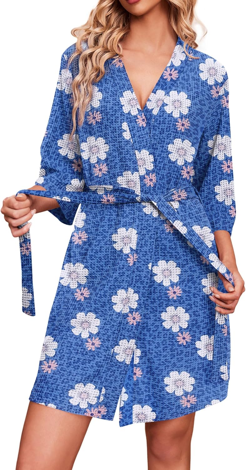 Ekouaer Robes for Women Waffle Knit Bathrobe Soft Lightweight Knee Length Loungewear S-XXL