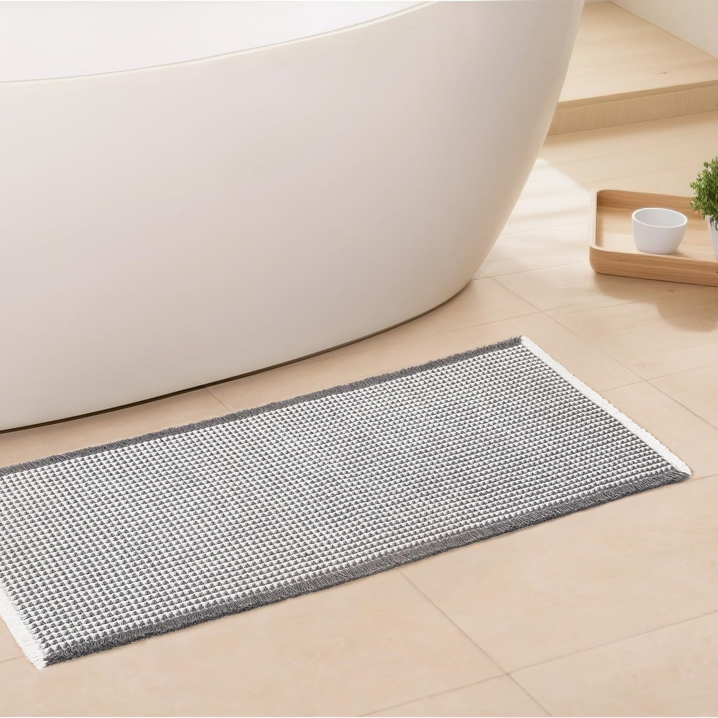 Waffle Bath Mat - Boho Bathroom Rugs Non Slip Washable, Super Absorbent & Quick Dry, Soft Bath Mat Farmhouse Bathroom Decor, 24'' x 48'', Dark Grey and White