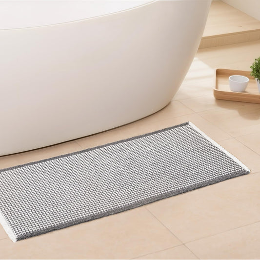 Waffle Bath Mat - Boho Bathroom Rugs Non Slip Washable, Super Absorbent & Quick Dry, Soft Bath Mat Farmhouse Bathroom Decor, 24'' x 48'', Dark Grey and White