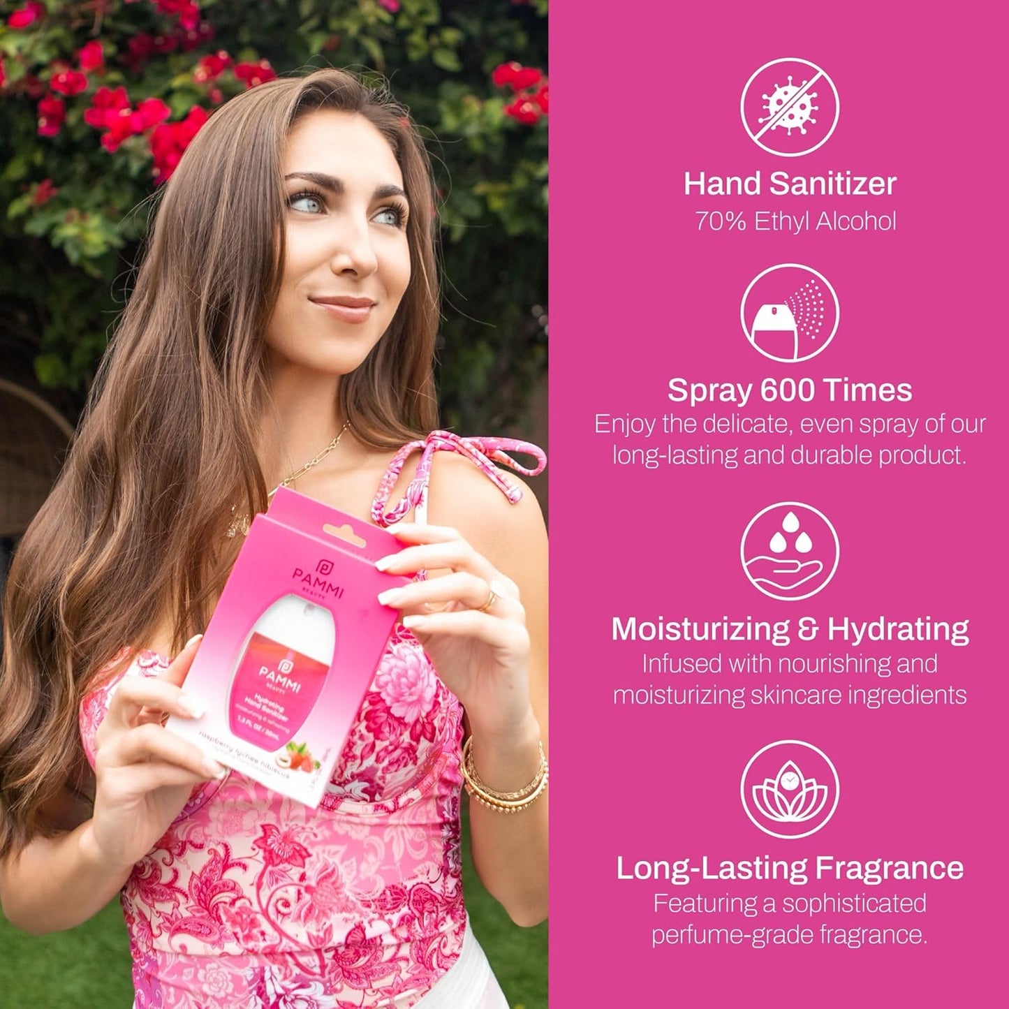 PAMMI Power Mist Hydrating Hand Sanitizer Spray, Portable Travel Size Pocket Hand Sanitizer, Scented Handsanitizer Mini Spray For Car - 600 Sprays (2 Packs (Raspberry Lychee))