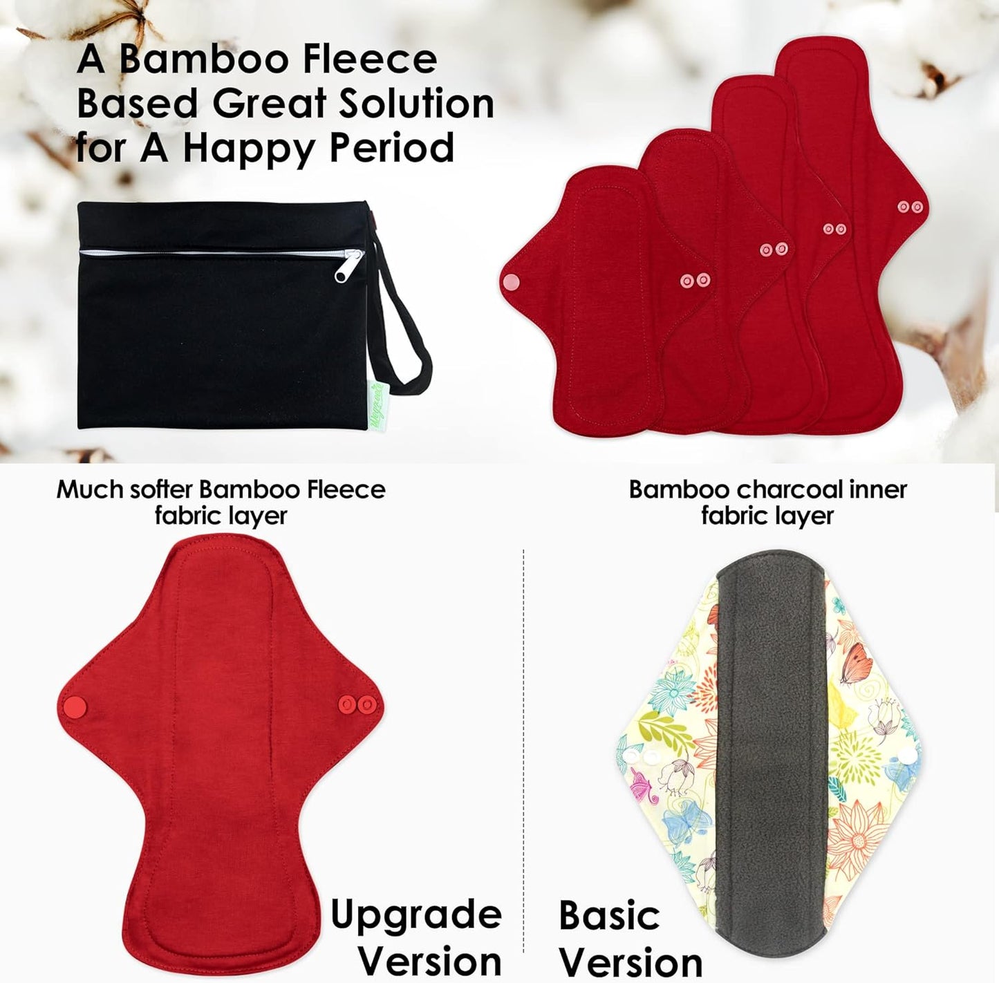 wegreeco 6 Pcs Reusable Menstrual Pads, Ultra Absorbent Cloth Pads for Heavy Flow, Sanitary for Teens, Women, Nonslip Panty Liners + Bag (Burgundy, Starter Kit Set)