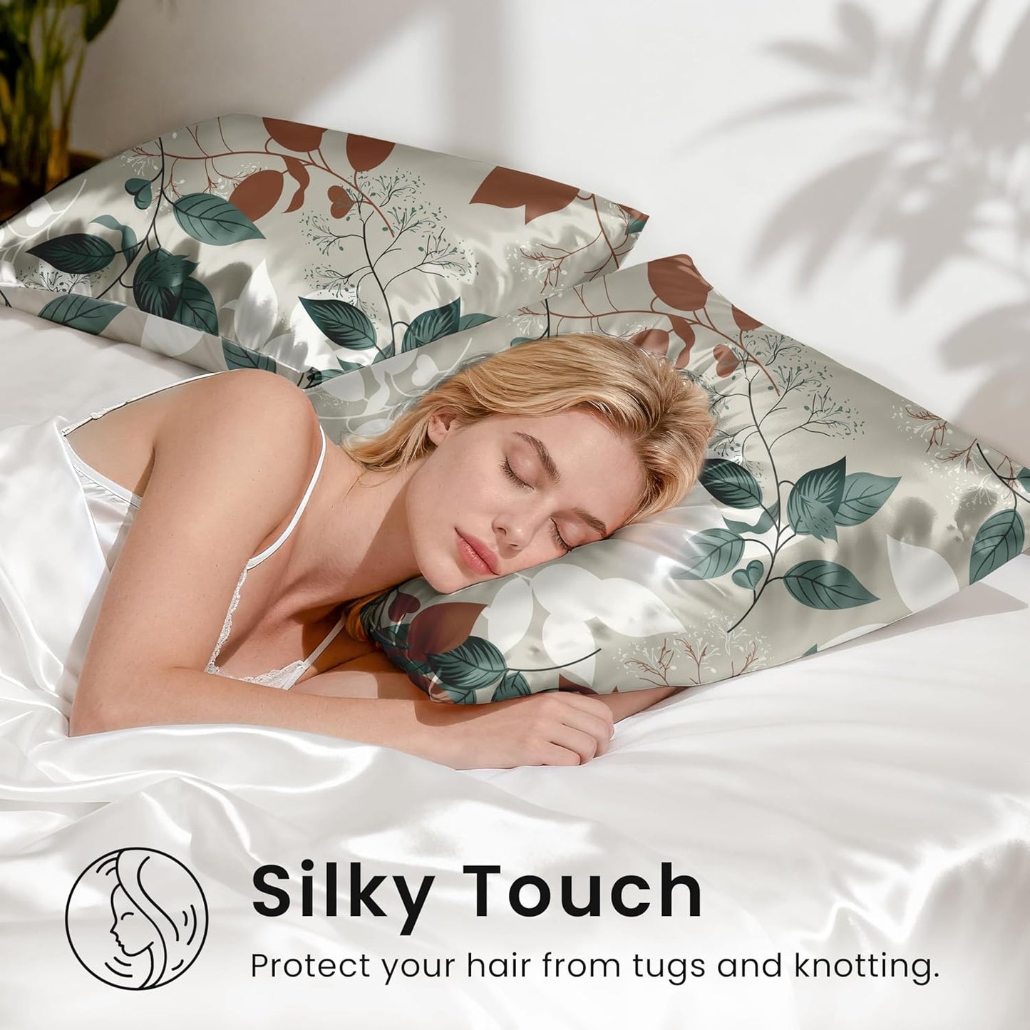 EXQ Home Satin Pillowcase for Hair and Skin Queen - Printed Green Leaves Silk Pillow Cases 2 Pack 20x30 inches - Satin Pillow Cases Set of 2 with Envelope Closure, Gifts for Women Men