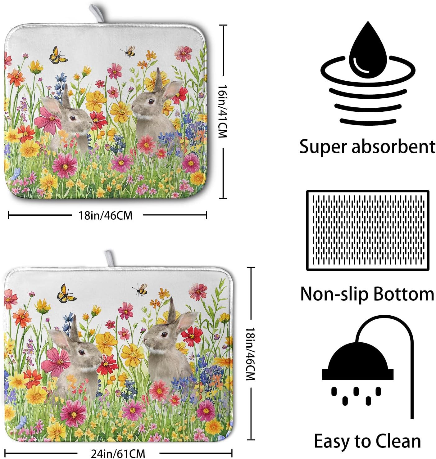 Easter Dish Drying Mat for Kitchen Counter Easter Bunny Flowers Dish Drying Pad Spring Rabbit Floral Dishes Drainer Mats Absorbent Microfiber Kitchen Countertop Protector Drying Mats 18x24 in