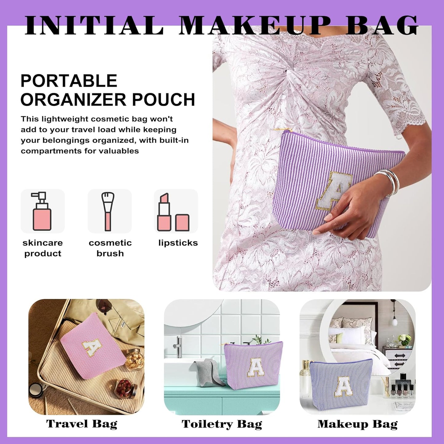 Initial Makeup Bag for Women - Toiletry Bag, Portable Cosmetic Bag Make up Kit Pouch | Travel Essentials Cute Makeup Bag Birthday Gifts for Women, Purple Letter R