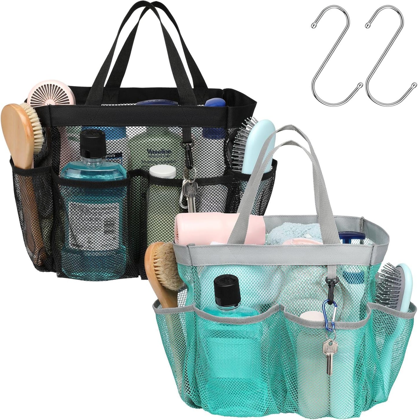 F-color Mesh Shower Caddy Portable - 2 Handles Upgrade Deeper 7 Pockets Basket Bag Tote for College Dorm Room Toiletry Bathroom Essentials Gym Camp Quick Dry with S Hook, 2 Pack, Black & Mint Green