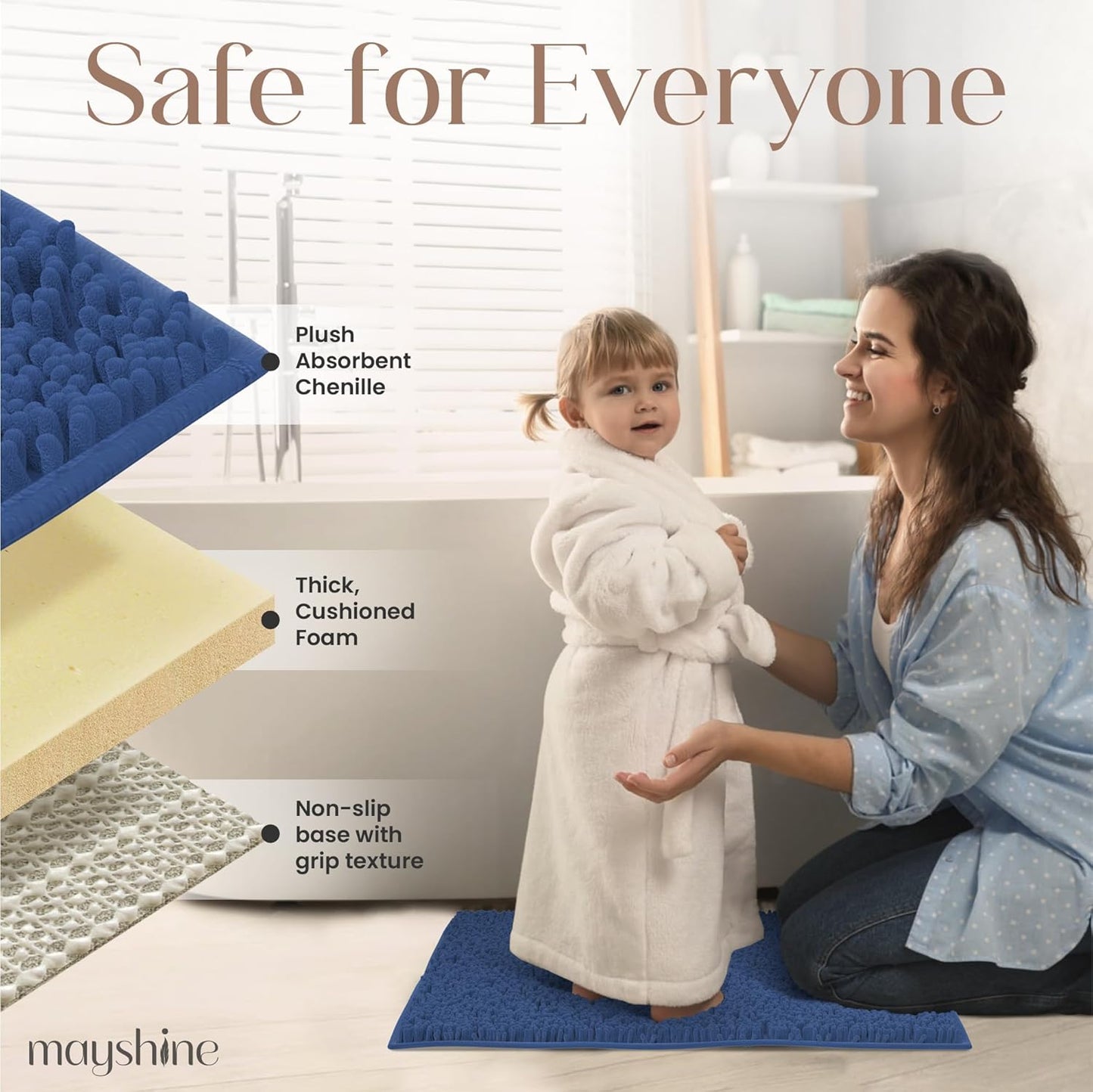 MAYSHINE Plush Shaggy Chenille Bath Mat | Extra Soft, Super Absorbent, Non-Slip Bathroom Rug | Fluffy Microfiber, Area Rug Sets for Bathroom Floor, Kitchen, Living Room | 32"x20" | Dark Blue