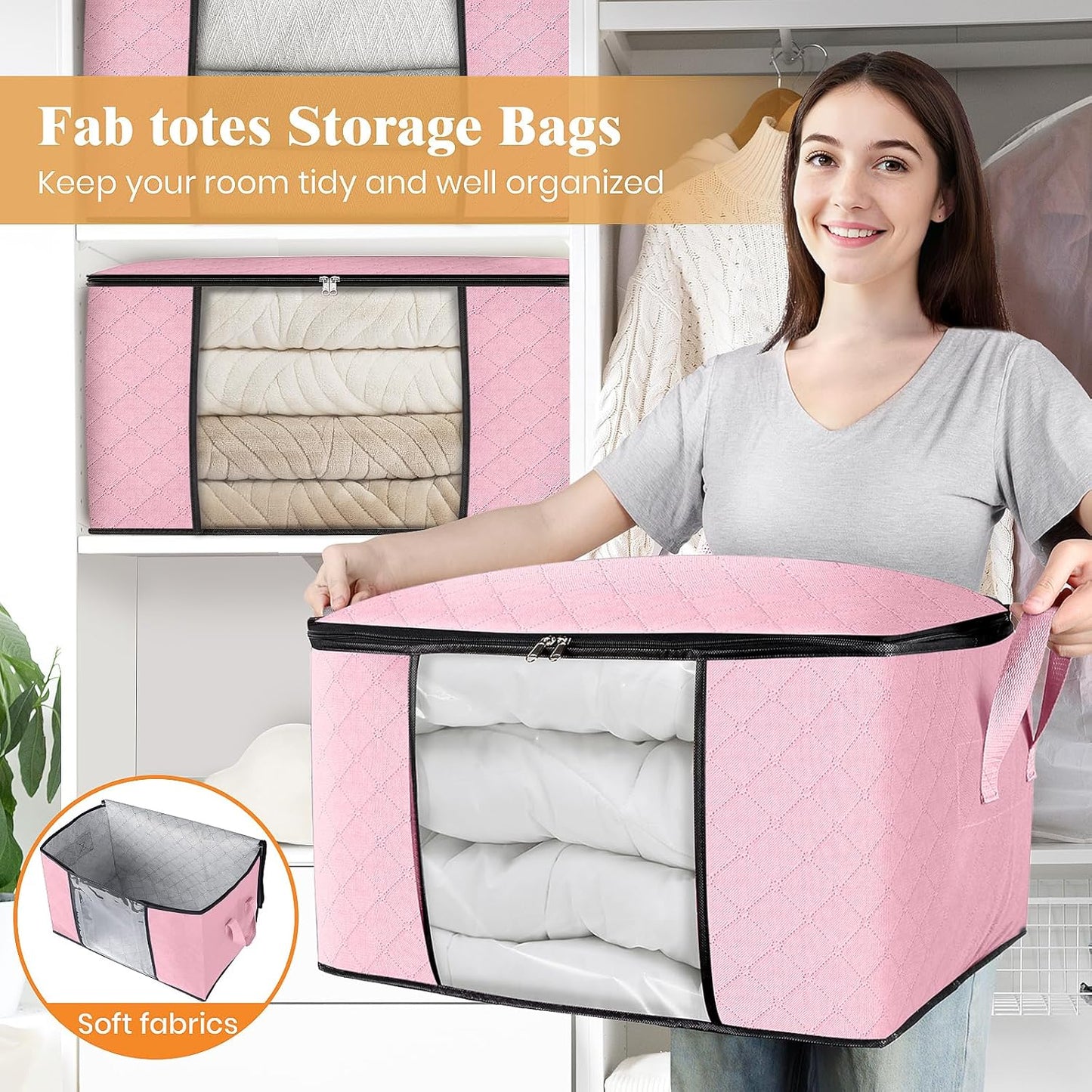 Fab totes 3 Pack Clothes Storage, Foldable Thick Fabric Blanket Storage Bags, Containers for Organizing Bedroom, Closet, Clothing, Comforter, Organization with Handle,Pink