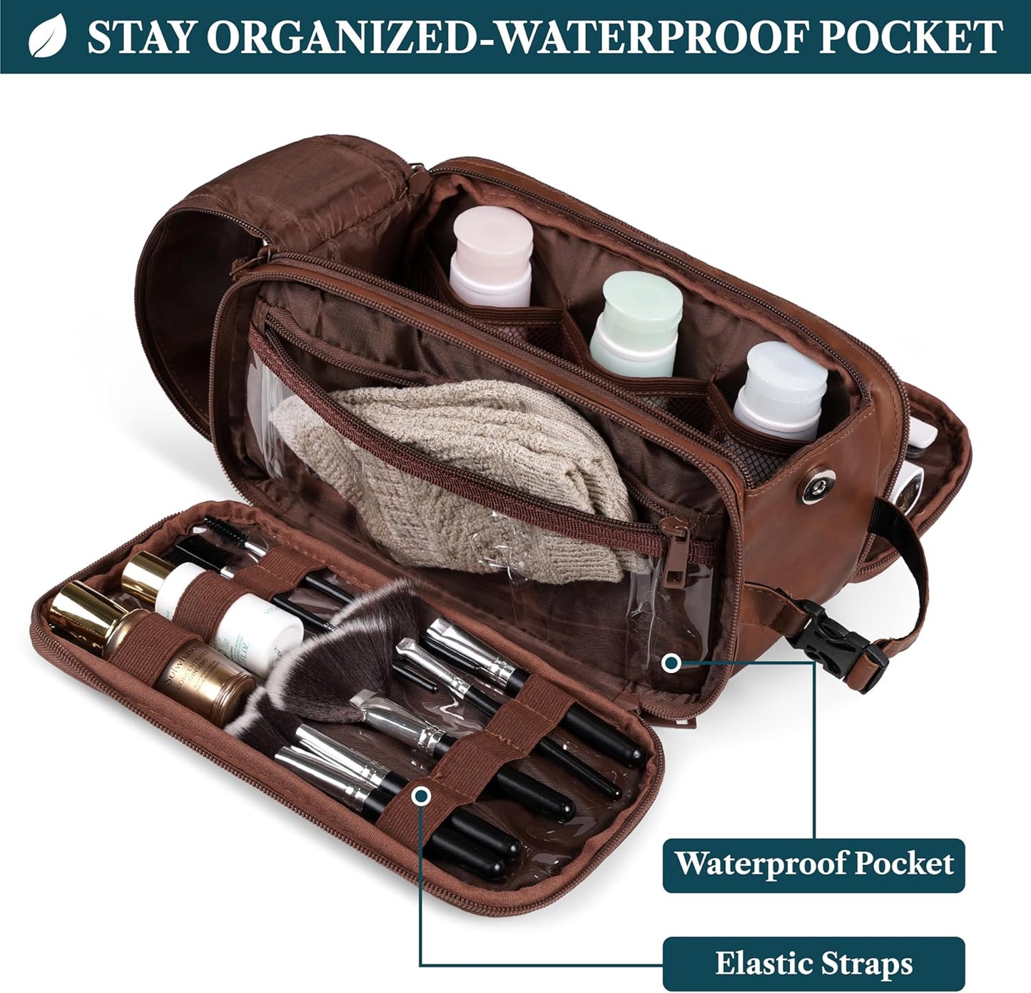 PAVILIA Toiletry Bag for Men Women, Mens Travel Bag Toiletries Organizer Case for Grooming, Travel Essentials Shaving Dopp Kit, PU Leather Water Resistant Cosmetic Pouch, Brown