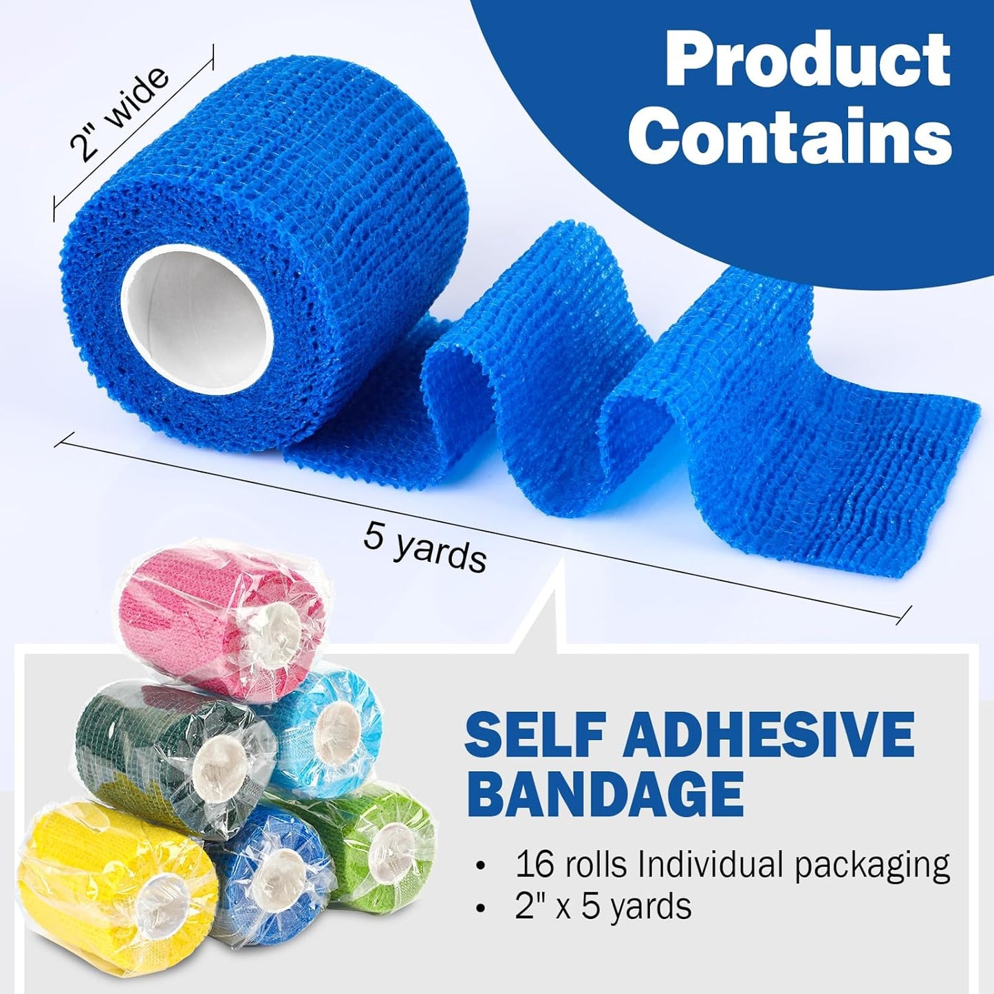AZEN 16 Pack Self Adhesive Bandage Wrap, 2" X 5 Yards Elastic Cohesive Bandage Wrap, Color Athletic Tape, Vet Wrap, Ankle Tape