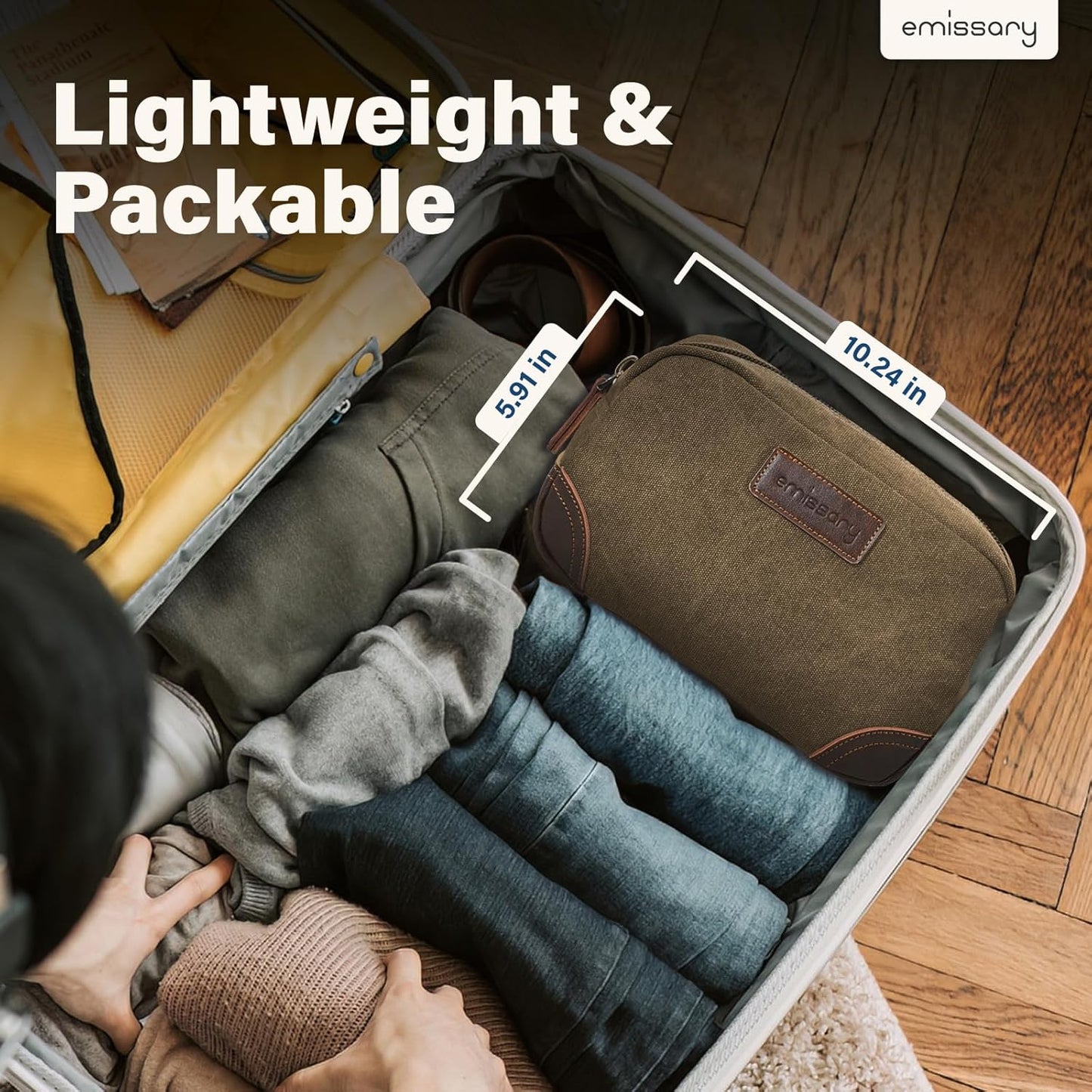 Emissary Men's Leather and Canvas Travel Toiletry Bag, Dopp Kit, Travel Bathroom Bag, Shaving Kit, Small Bags for Travel Accessories (Brown)