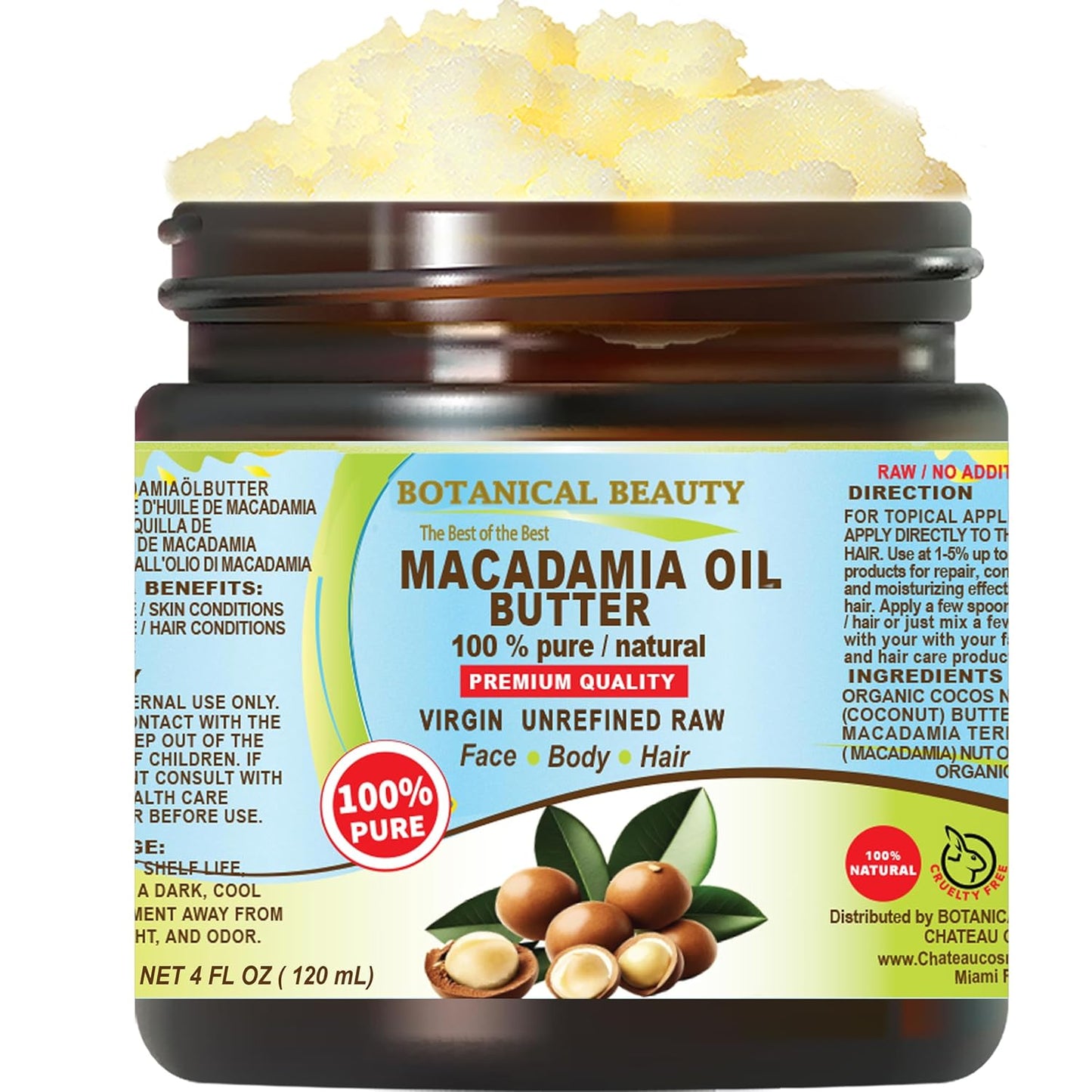 Botanical Beauty MACADAMIA OIL BUTTER 100% Pure Natural VIRGIN UNREFINED Cold-Pressed for Face, Skin, Body, Hair, Lip, Nails. Rich in Vitamin E, Omega 3, Omega 6 (4 Fl Oz)