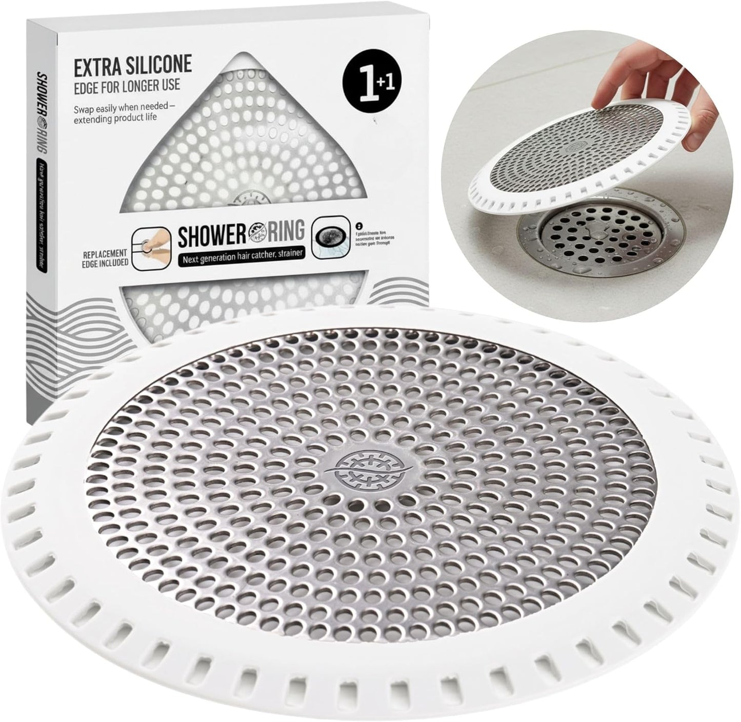 Shower Drain Hair Catcher – Ultra ShowerRing 5" Drain Cover for Flat & Domed Floors | Stainless Steel Hair Trap with Silicone Rim | High-Flow Strainer Prevents Clogs - White
