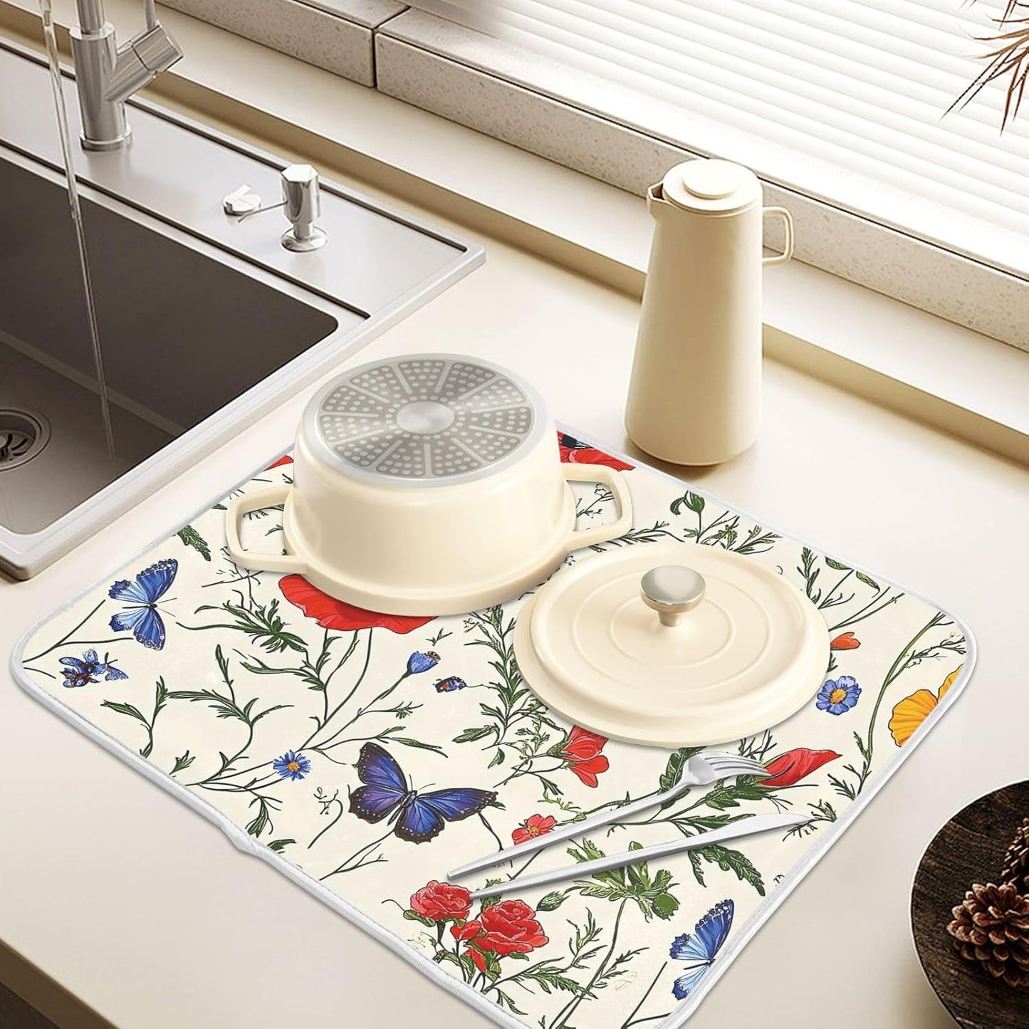 Butterfly Red Tulip Wildflower Dish Drying Mats for Kitchen Counter, 18x24 inch Drying Dishes Absorbent Microfiber Dish Drainer Mat Rack Pad Fast Dry