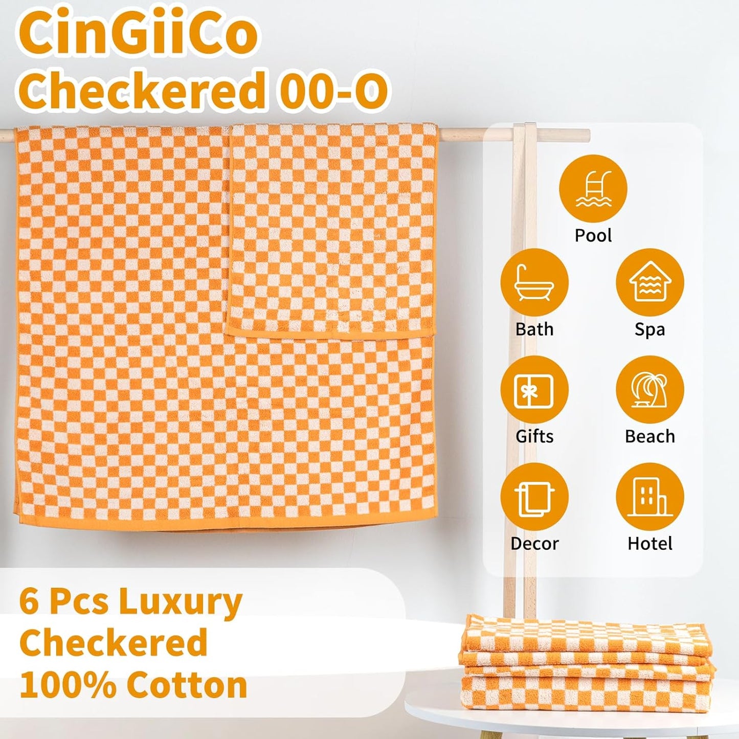 Checkered Bath Towels Set of 6 Large, 520GSM, 100% Cotton Shower Towels * 2 (55.12"*27.56"), Hand Towels * 4 (29.52"*13.77"),Towels for Bathroom、Pool、Hotel, Spa, Soft Absorbent（Orange