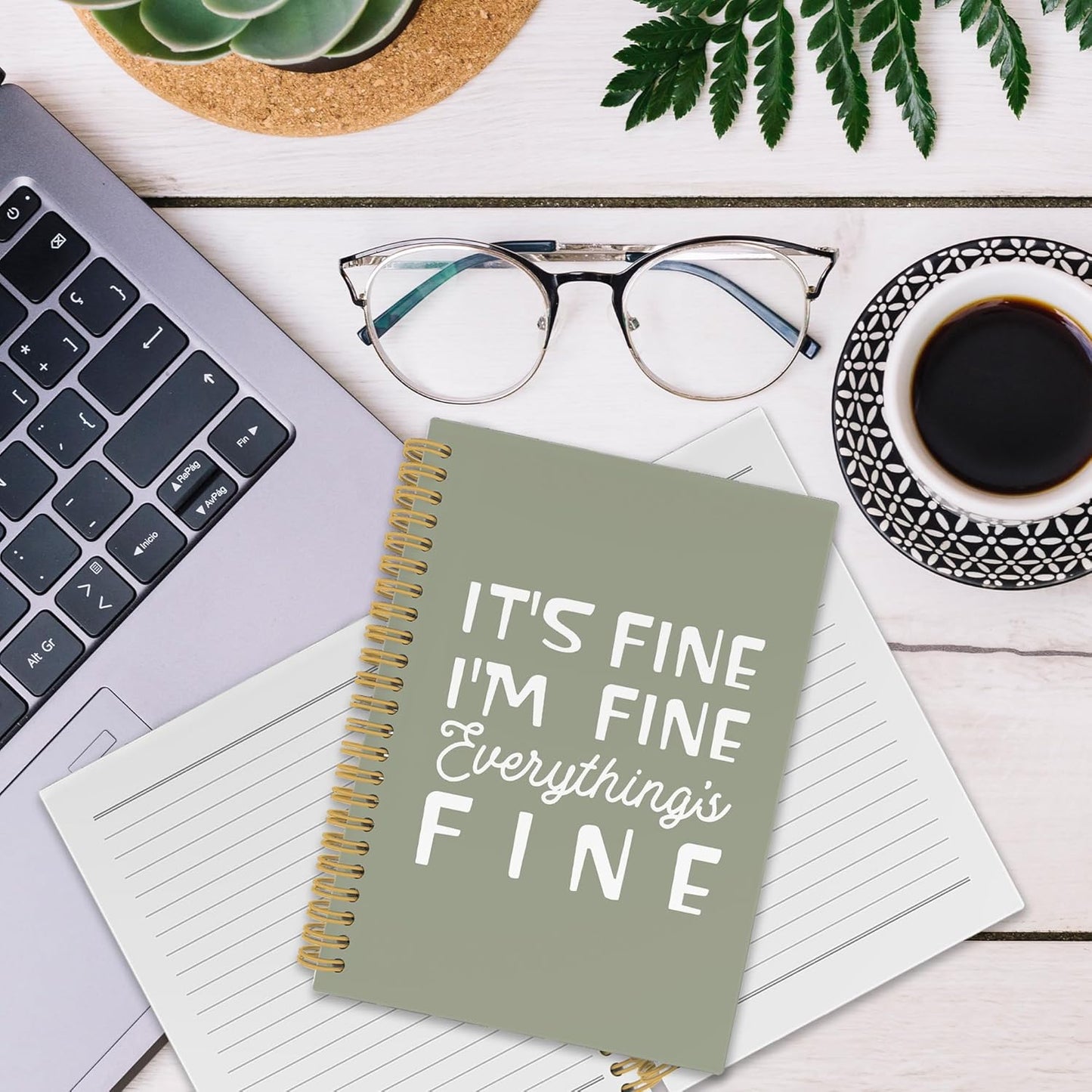 XPH Funny Green Spiral Notebook, It's Fine I'm Everything Is Fine Journaling Notebooks for Women Men, Humorous Hardcover Journals for Office 160 Pages 5.5 x 8.3 Inch, Sarcastic Gifts for Coworkers