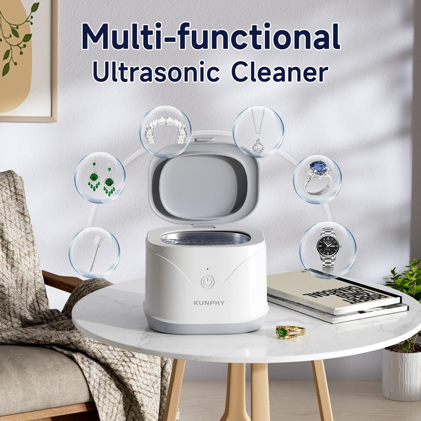 Ultrasonic Retainer Cleaner, KUNPHY 46KHz Professional Ultrasonic Jewelry Cleaner 7.5Oz, Retainer Cleaner Machine for Dentures, Braces, Aligner, Dental Appliances (White)