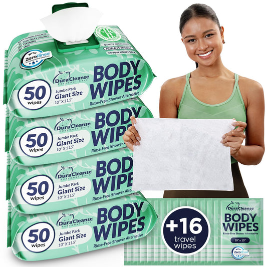 Body Wipes for Women, Extra Moist No Rinse Bathing Sheets (4pk), 200 XL Shower Cloths + 16 Deodorizing Bath Wipes - 9"x12" Travel Size Essentials, Toiletries for Womens Hygiene & Post Workout Cleanup
