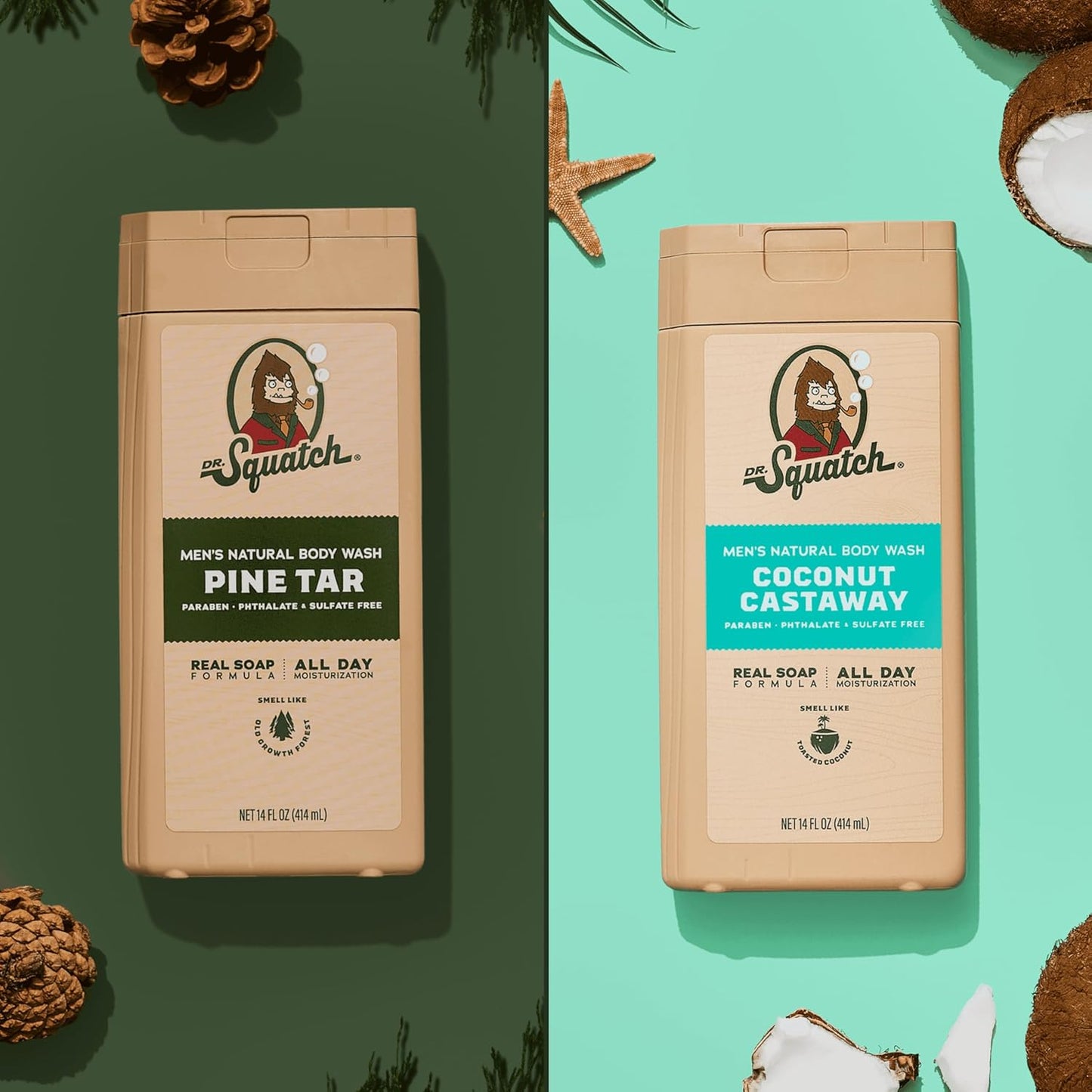 Dr. Squatch NEW Body Wash for Men with Nourishing, Natural Ingredients | No Paraben, Phthalate, Sulfate | All Day Moisture | Long Lasting Scent | Pine Tar & Coconut Castaway (14 oz, 2-Pack)