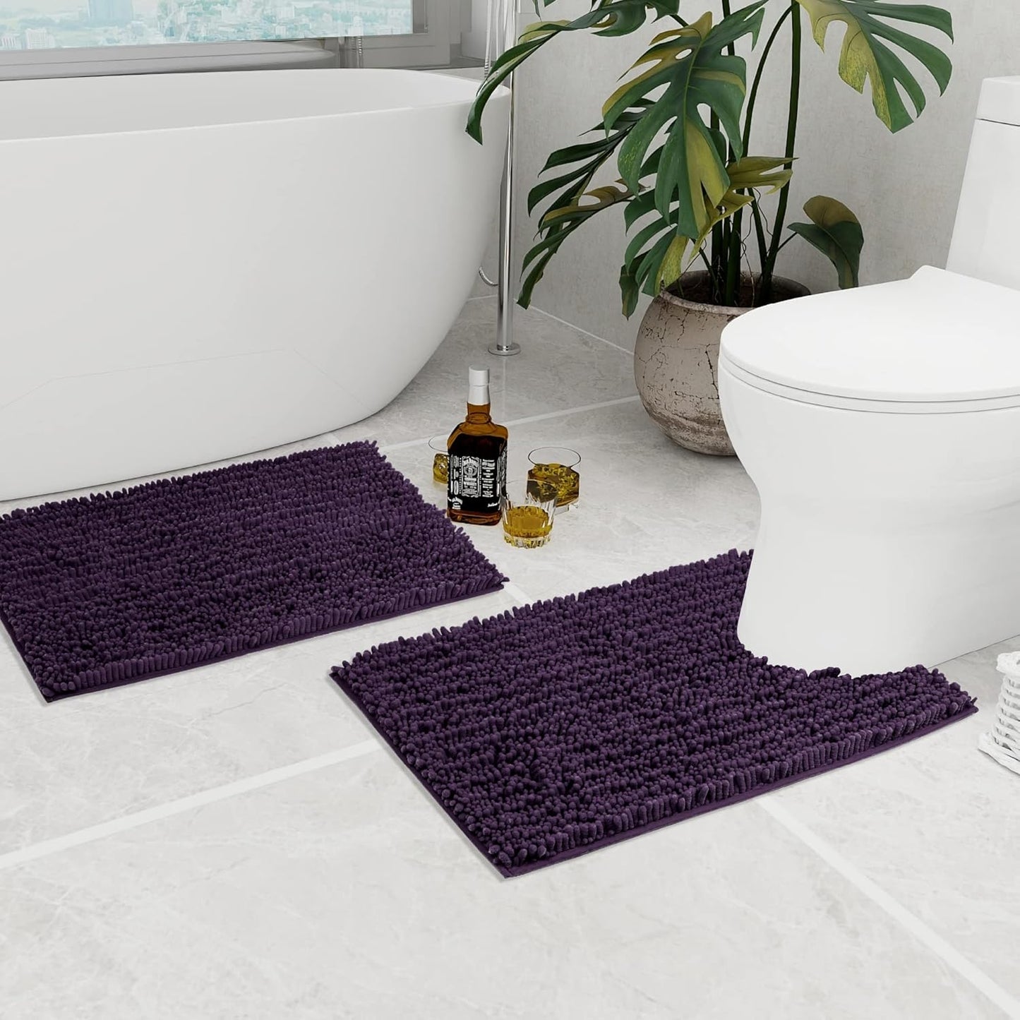 Walensee Bathroom Rug 2 Pieces Set Non Slip Bath Mat (20"x32" Plus 20"x24" U Dark Purple) Water Absorbent Super Soft Shaggy Chenille Machine Washable Dry Extra Thick Perfect Carpet for Shower Floor