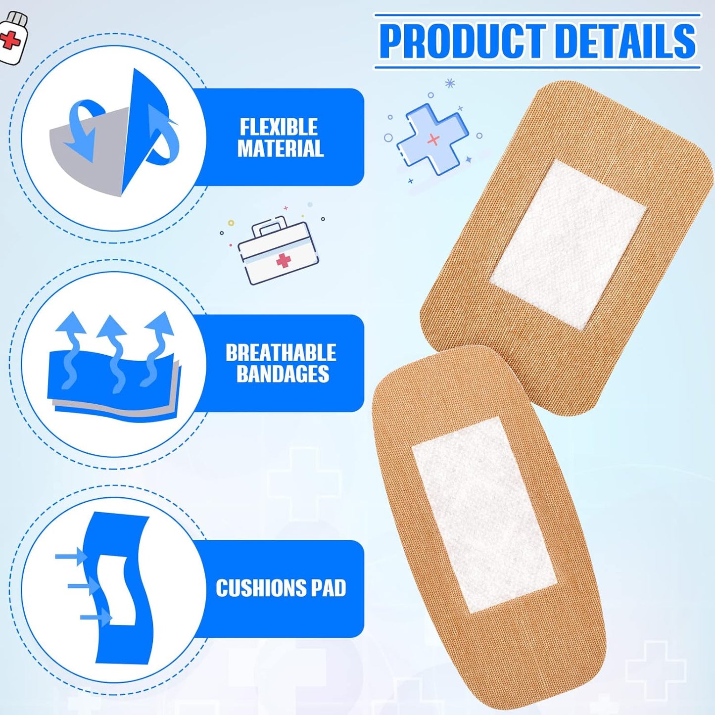 BBTO 200 Pcs Large Assorted Bandages 2 Styles Flexible Fabric Adhesive Bandages Bulk Wounds Care First Aid Supplies Fingertip Adults Wrap Skin 4 x 2'' and 3 x 2''