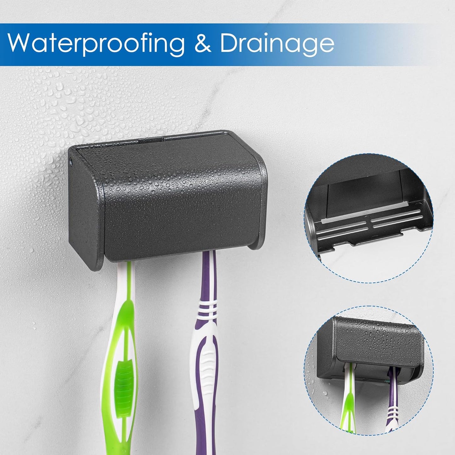 2 PCS Toothbrush Holder Wall Mounted with Cover for Bathroom, 2 Slots Toothbrush Storage Organizer for Shower, Self Adhesive Toothbrush Hanger Rack for Dorm, Cabinet (Brushed Grey)