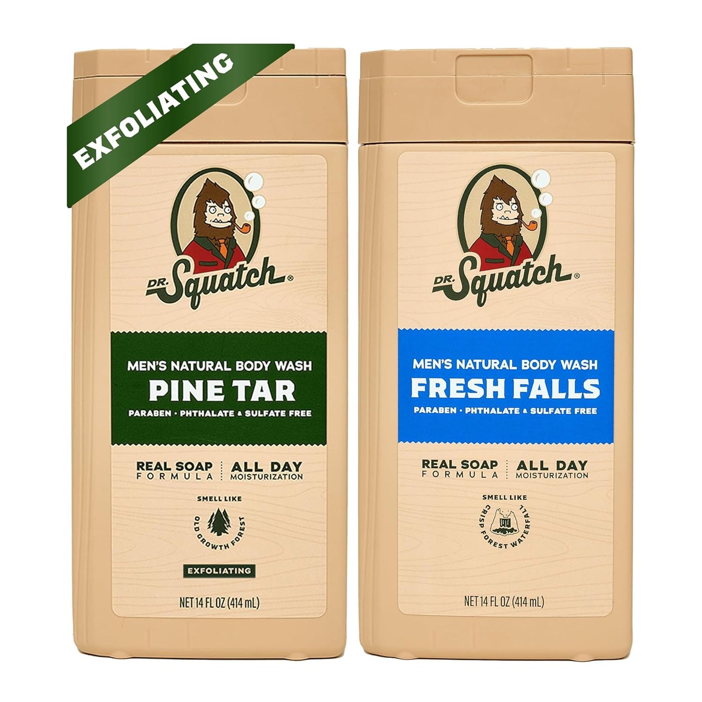 Dr. Squatch NEW Body Wash for Men with Nourishing, Natural Ingredients | No Paraben, Phthalate, Sulfate | All Day Moisture | Long Lasting Scent | Pine Tar & Fresh Falls (14 oz, 2-Pack)