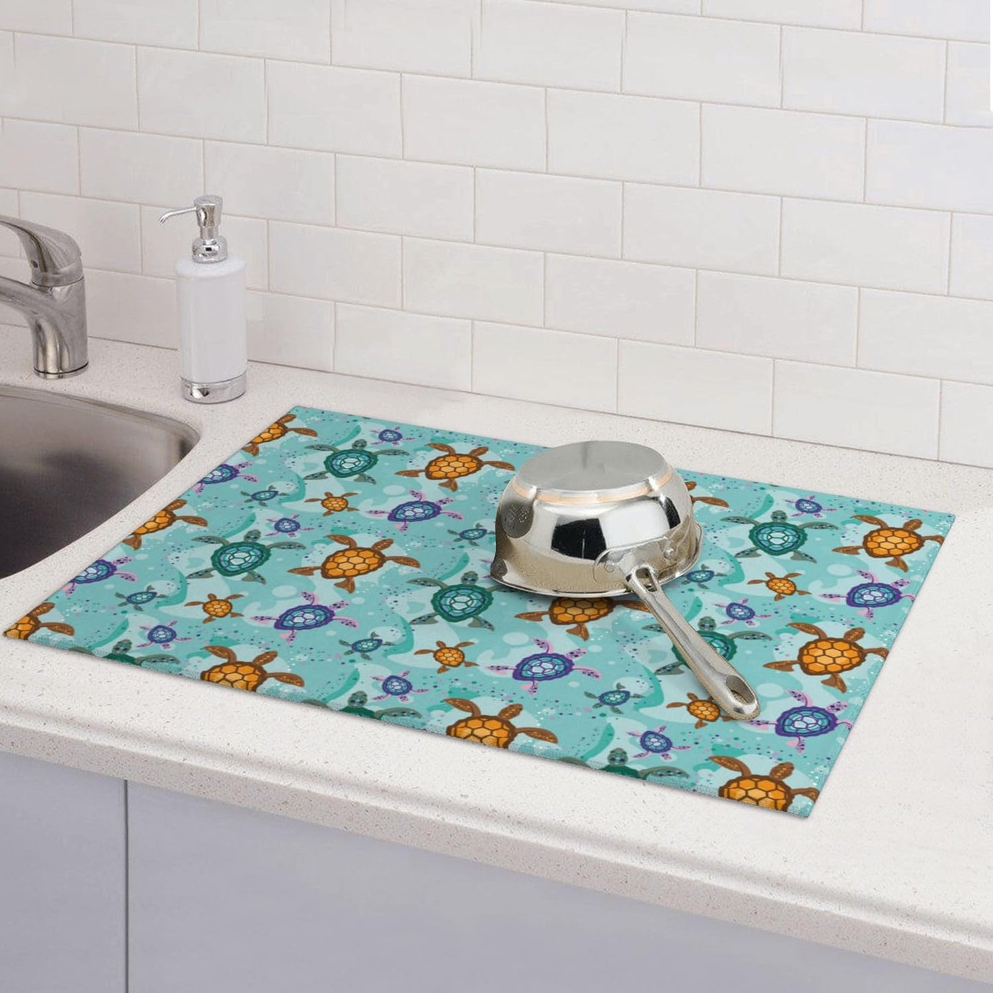 Cute Sea Turtle Beach Dish Drying Mat for Kitchen Counter Absorbent Reversible Ocean Themed Decorative Drying Pad Dark Kitchen Decor Dish Drainer Rack Mats 18"x24"
